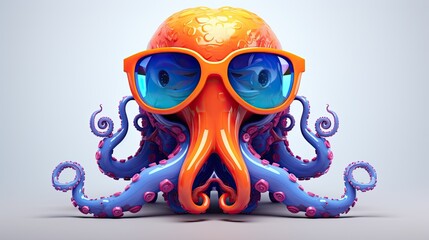 Closeup of multicolored octopus toy with glasses isolated on white background. Plastic figurine of rainbow-colored made of ceramics, plasticine, other material. Can be printed on any products.