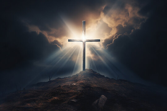 Generative AI picture of the holy cross symbolizing death and resurrection of Jesus Christ over sky