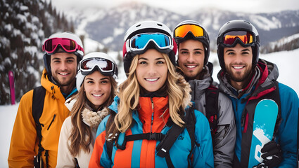 Portrait of group of friends with skis and snowboards on winter holidays, Generative AI