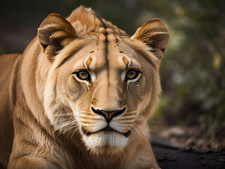 Obraz premium Portrait of a lioness in the wild, close-up, her intense gaze piercing through the lens. Generative AI