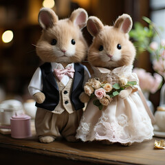 couple love Little bunny in wedding dress, Generative AI