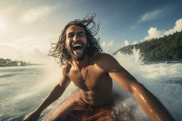 Generative ai collage photo of water sportsman catch wave ride surfing board on exotic bay