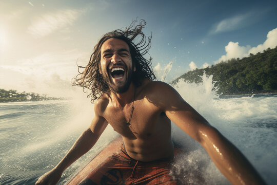 Generative ai collage photo of water sportsman catch wave ride surfing board on exotic bay