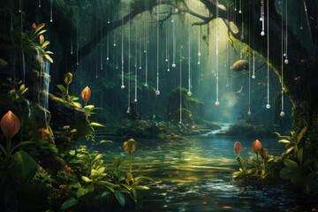 "Symphonic Raindrops in Vibrant Musical Rainforest"
