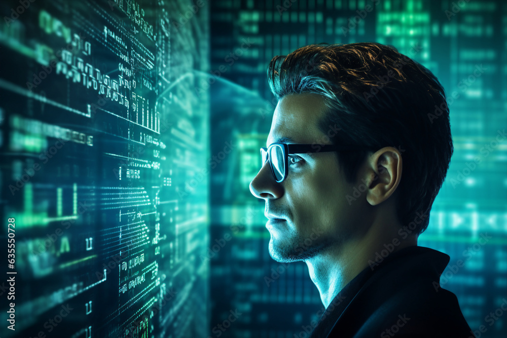 Poster generative ai collage photo of professional it specialist using device writing code computer network