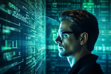 Generative ai collage photo of professional it specialist using device writing code computer network maintenance