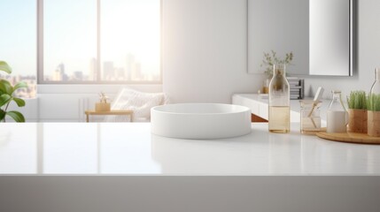 Modern sink on white countertop in modern white bathroom with window
