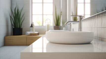 Fototapeta na wymiar Stylish vessel sink on white countertop in modern white bathroom with green plant and window