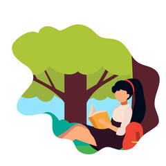Girl reading book sitting under a tree flat style vector illustration, Girl with a ponytail sitting under a tree in a forest reading a book in nature flat style stock vector image