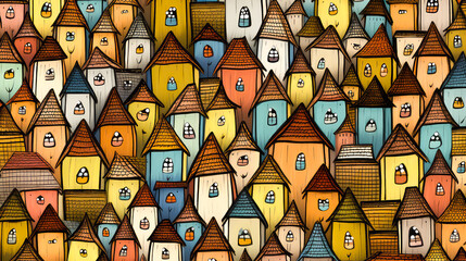 Illustration of colorful houses. House painting in oil and acrylic. Post-processed generative AI