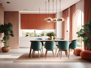 Show flat interior design modern nature contemporary dining area daylight minimal decoration style home design concept, Generative AI