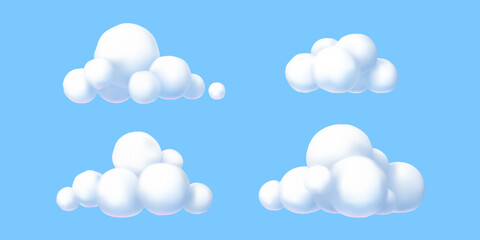 Fototapeta premium 3D white clouds set in cartoon style on blue background: realistic soft fluffy bubble cloud shapes, vector illustration for design