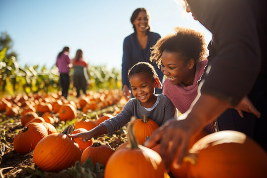 Black Family picking pumpkins on an autumn sunny day, big beautiful pumpkin, go pick pumpkins, pumpkin patch