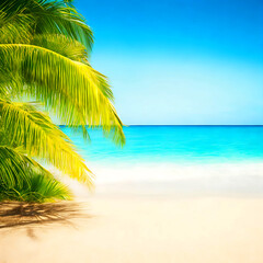 Fototapeta premium Defocused tropical sand beach with blurred water wave and fresh green palm leaves in for ground, beautiful nature background concept travel relaxation vacation