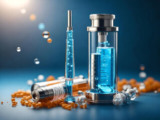 Syringe and vaccine canister with bubbles inside on blue background. concept of vaccination and immunization, Generative AI - obrazy, fototapety, plakaty