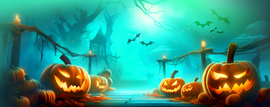 Halloween concept Card Party Pumpkins In Graveyard render 3d