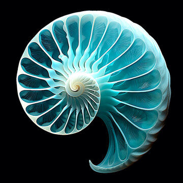 Blue spiral nautilus shell photogram