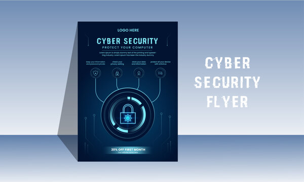 Cyber security mordent flyer template 4. Cybersecurity threats. Information safety booklet design with icons, Editable layouts.poppins and hacker 2 free fonts used.