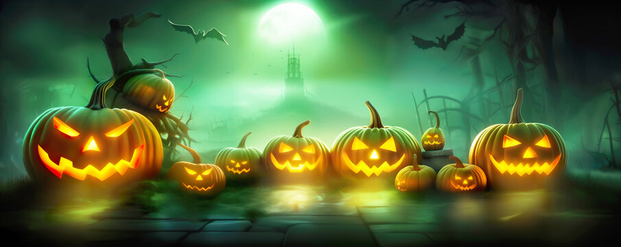 Halloween concept Card Party Pumpkins In Graveyard render 3d