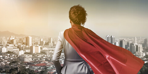 businesswoman in red hero cloack concept strong woman in business 