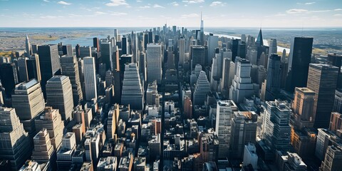 eye view image of a bustling cityscape New York city from above, providing a unique perspective on daily life, Sony A7, 35 mm lens, F22, Kodak Ektar 100, photorealistic, detail