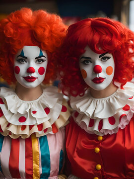 Two girls in clown costumes with red wigs gles and red noses, 