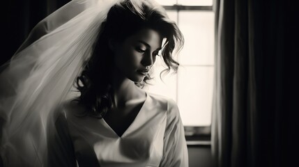 Beautiful bride in wedding luxury dress.Fashion photo. Black and white created with Generative AI technology