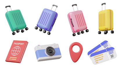 3D icon travel set luggage, passport, camera, pin, boarding pass ticket on isolated background. leisure touring holiday summer concept. recreation. cartoon minmal style. 3d render © N ON NE ON