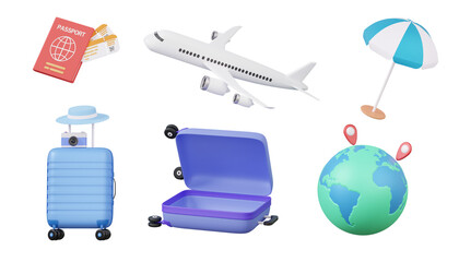 Set travel 3D icon, passport, airplane, beach umbrella, luggage, open suitcase, map pin globe, holiday travel tourism plane trip planning world tour luggage concept. isolated. 3d render illustration