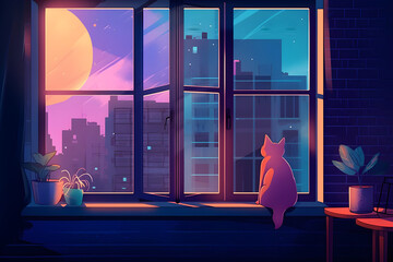 illustration of cat sitting window in the morning