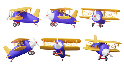 Set cartoon airplane propeller 3D icon fly worldwide on isolated background. leisure touring holiday summer vacation concept. travel tourism plane trip planning world tour. 3d render illustration © N ON NE ON