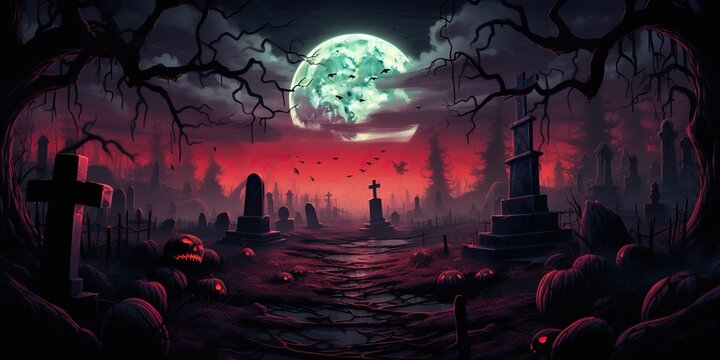 Halloween wallpaper with a cemetery at night