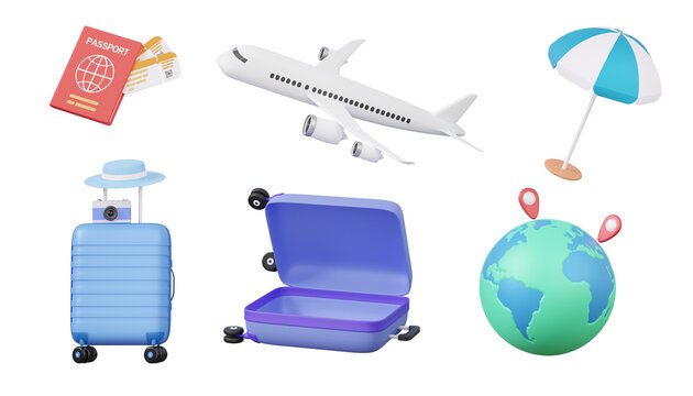 Fototapeta Set travel 3D icon, passport, airplane, beach umbrella, luggage, open suitcase, map pin globe, holiday travel tourism plane trip planning world tour luggage concept. isolated. 3d render illustration
