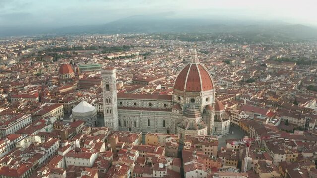 Florecne city skyline aerial view drone footage of city florence italy, florence duomo, florence cathedralchurch in old town.