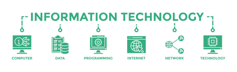 Information technology banner web icon vector illustration concept with icon of computer, data, programming, database, internet, network, and technology	