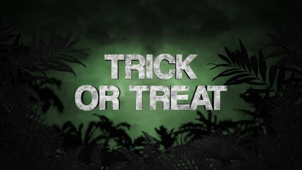 Trick Or Treat with palms tree in jungle in dark night, motion holidays, horror and Halloween style background