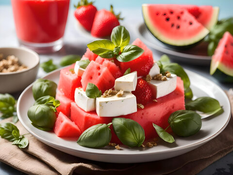 Watermelon salad with strawberry mozzarella cheese basil. healthy summer dessert, Generative AI