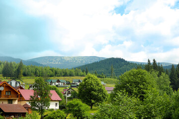 Fototapeta na wymiar View of beautiful village in Carpathian mountains, Ukraine