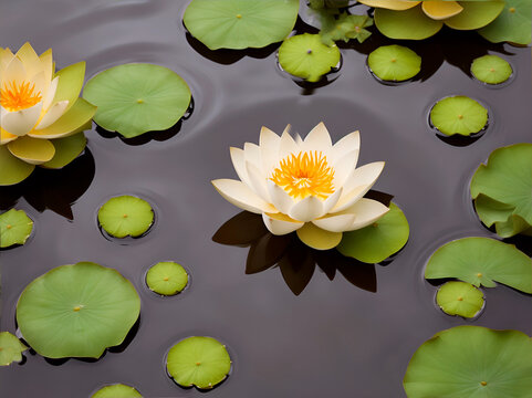Hermosas flores de loto flotando en el agua. Vista superior y de cerca. IA Generativa