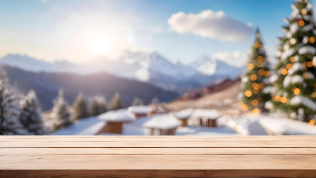 Wooden Terrace the blurred and Christmas background. Wood white table top perspective in front of natural in the sky with light and mountain blur background image for product display, Generative AI