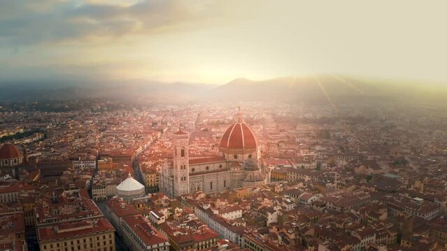 Florence skyline aerial view drone footage of city florence italy view of downtown florence cathedral church duomo florence.