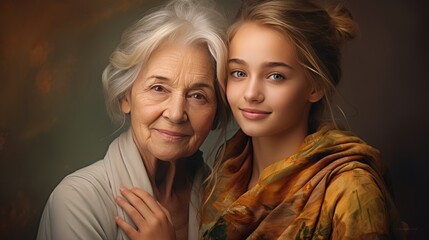 Fototapeta premium Happy young granddaughter hugging elderly grandmother created with Generative AI technology