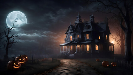 Fototapeta na wymiar 3D illustration of a Halloween concept background of a realistic horror house and creepy street with moonlight. Digital art background. Generative AI