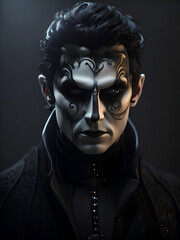 A fictional person, not based on a real person. Mystical creepy man with frightening makeup. Gothic mystery man. 3D rendering, Generativ ai