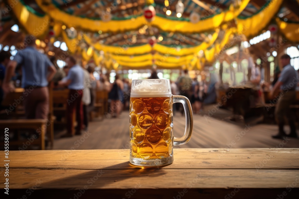 Wall mural Oktoberfest, munich. Beer mug on table, People drinking beer and having fun, tent interior.