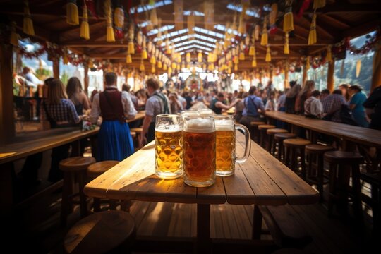 Oktoberfest, munich. Beer mugs on table, People drinking beer and having fun, tent interior.