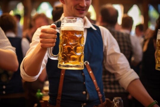 Oktoberfest, Munich. Waiter in traditional costume serving beer, close up. Beer festival.