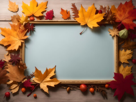 Blank copy space with autumn leaves frame, Autumn, fall, thanksgiving day concept. Flat lay, top view, copy space. Generative AI