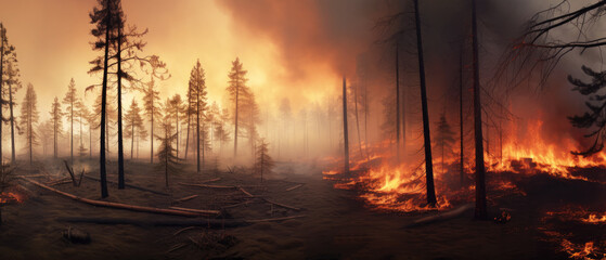 Rainforest fire, wildfire, smoke disaster is burning caused by humans during the dry season