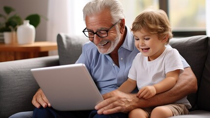 Fototapeta na wymiar Happy old grandfather and little cute grandson laughing enjoying using laptop together created with Generative AI technology